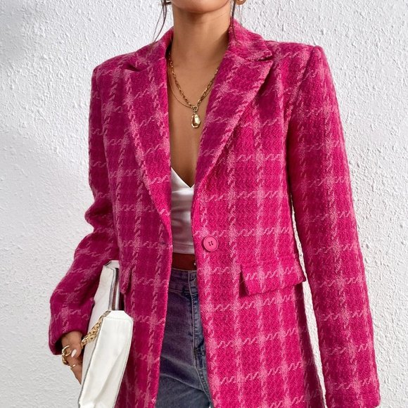 . Jackets & Blazers - Pink Preppy Womens Plaid Lapel Collar Overcoat